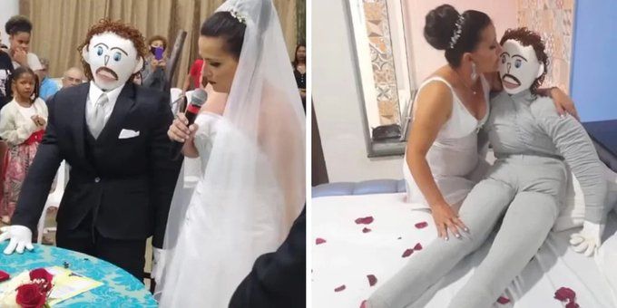 Mujer se casa con un hombre de trapo y lo acusa de infiel