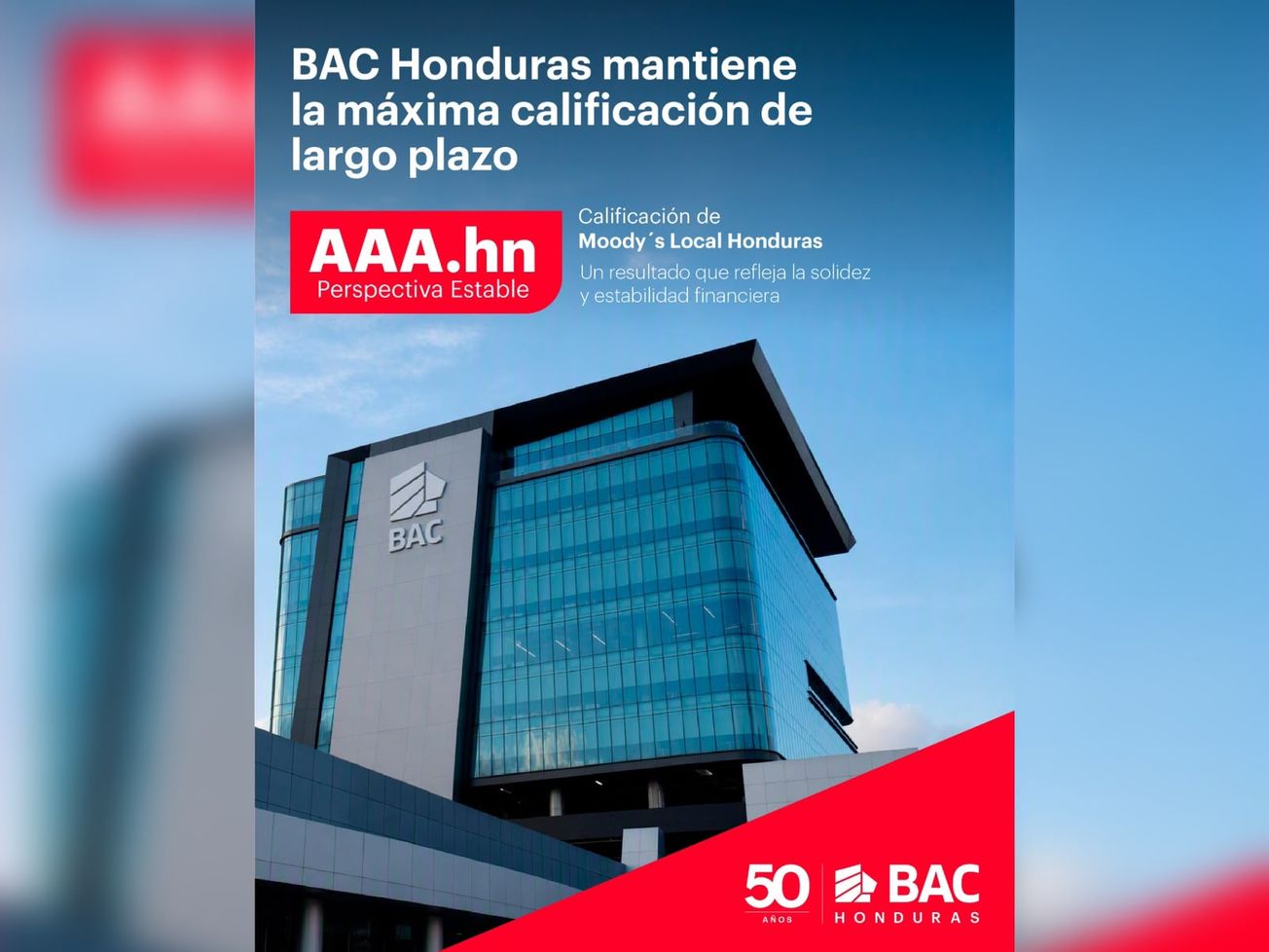 Moody’s Local mantiene la máxima calificación de BAC Honduras con perspectiva estable