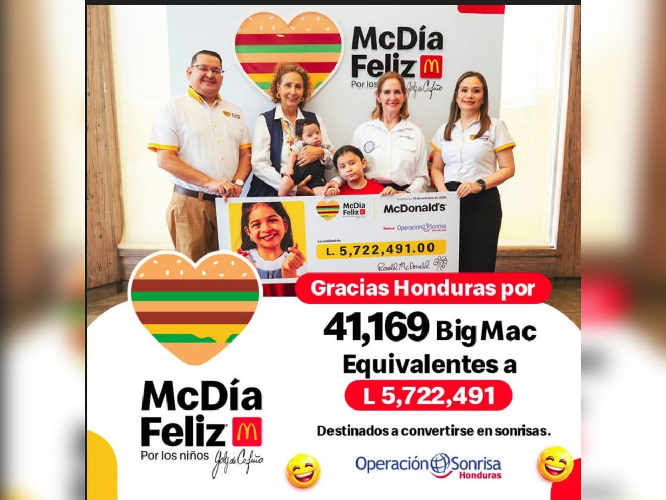 McDonald’s Honduras entrega a Operación Sonrisa Honduras lo recaudado en McDía Feliz 2026